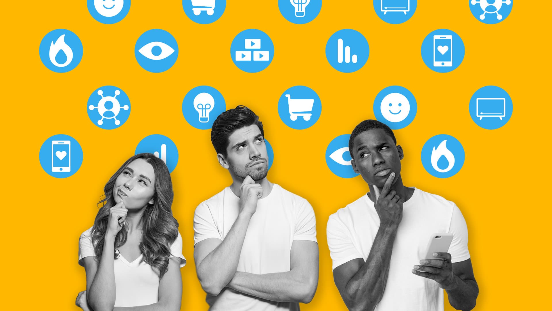 This image is of three people reflecting. They each have inquisitive looks on their faces and their hands under their chins. Above their heads, icons are floating to represent marketing trends of 2022.