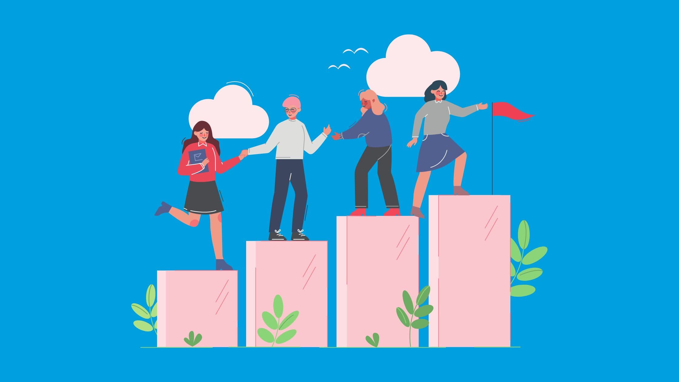 This image features four people on different height platforms, each helping one another get to the top. This image represents the maker corner blog for pro bono video work.