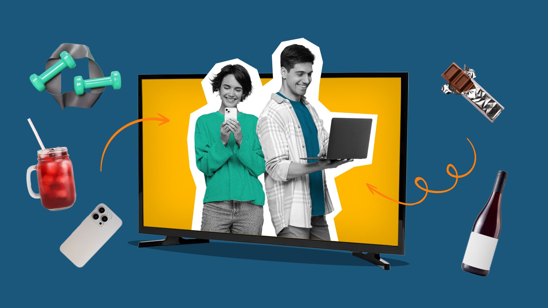This image features two people on a TV screen with various elements of different industries around the TV screen.