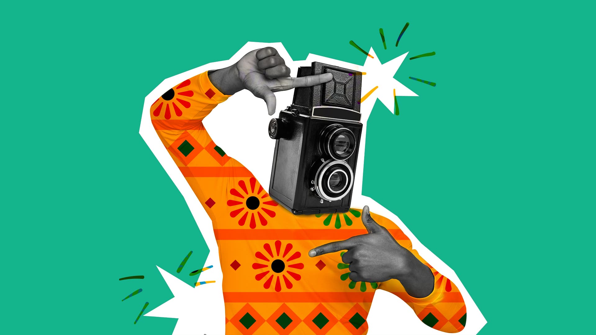 This image features a person (whose head has been replaced with a camera) in an orange sweater. The image represents 8 Filmmakers to Know for Hispanic Heritage Month.