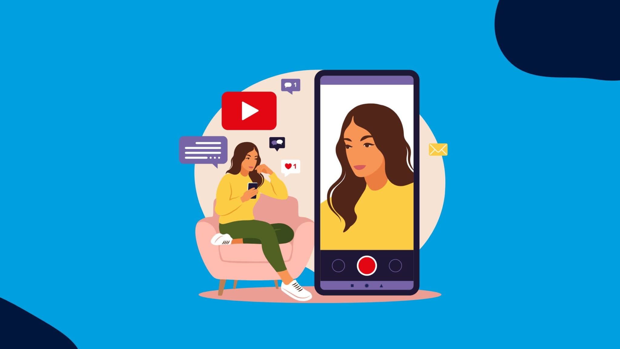 Illustration of a person sitting in a chair, next to the same person on a phone screen. There are also social media icons above the chair and next to the phone.The image is meant to represent a Gen Z user.