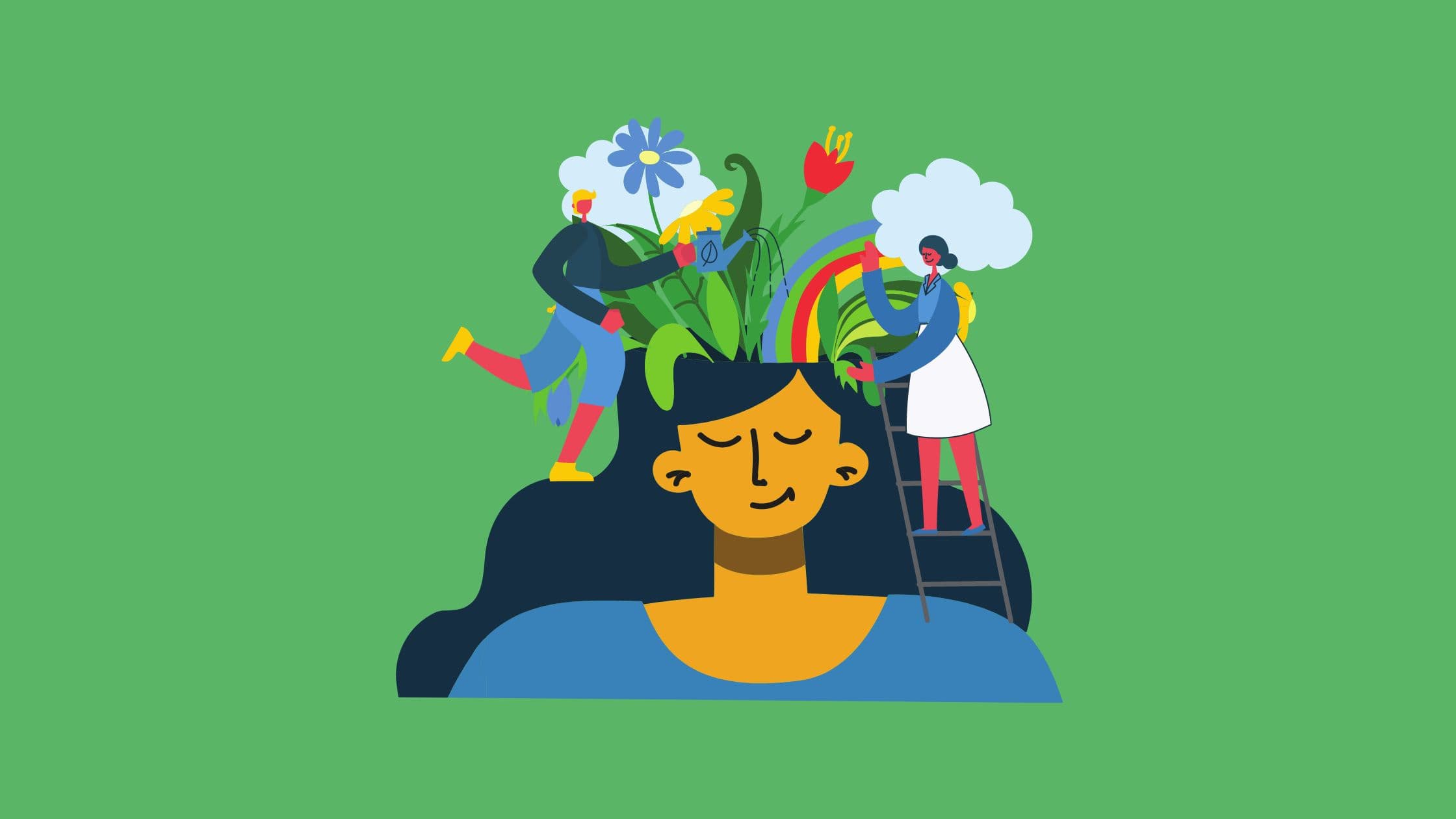 This image features a person with clouds, flowers, and greenery around their head. This image represents creativity and how to maintain creativity while avoiding creative burnout.
