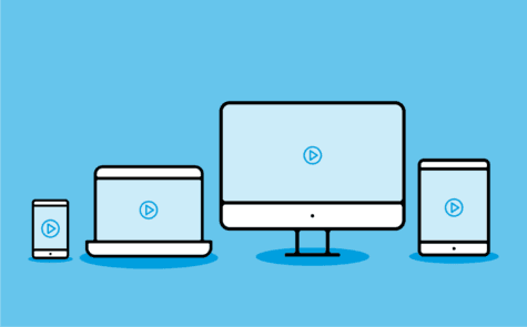 From left to right: phone, computer, desktop monitor, and a tablet, all with an illustration suggesting a video is playing on the device.