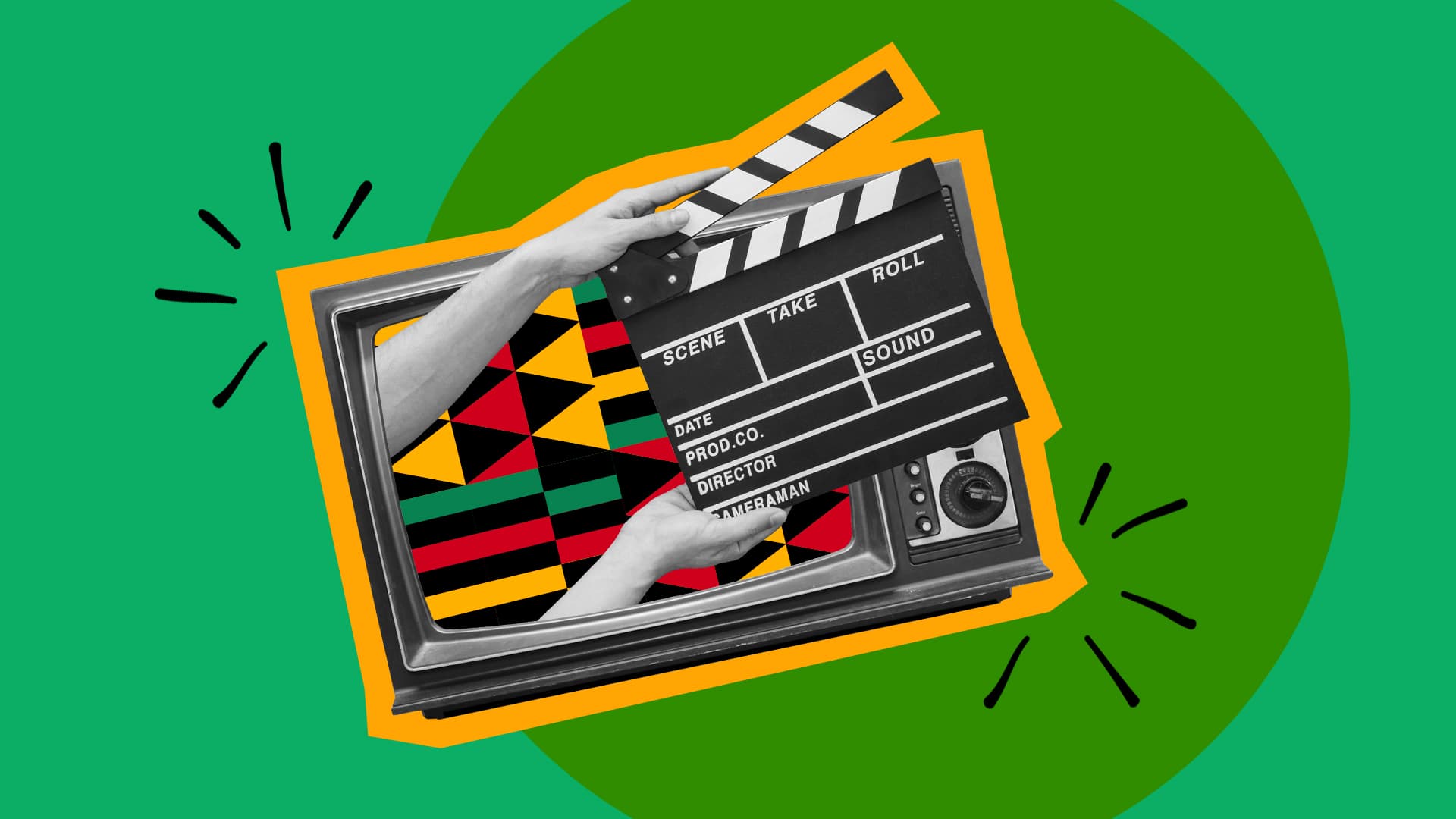 This image features a TV with a clapper board. The image represents Black History Month resources.