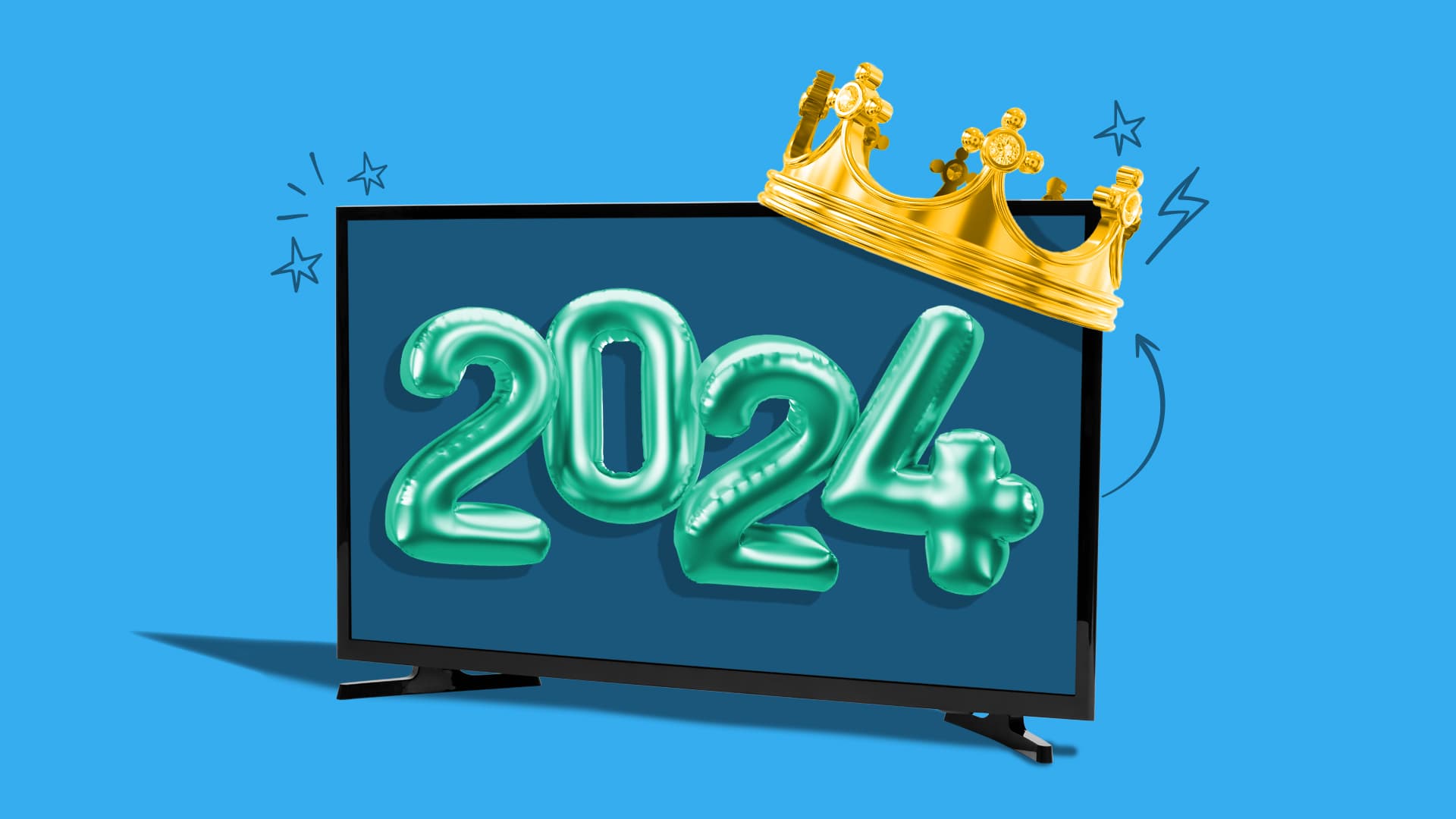 This image features a TV with 2024 written in balloon letters. There's a crown on the top of the TV on the right side.