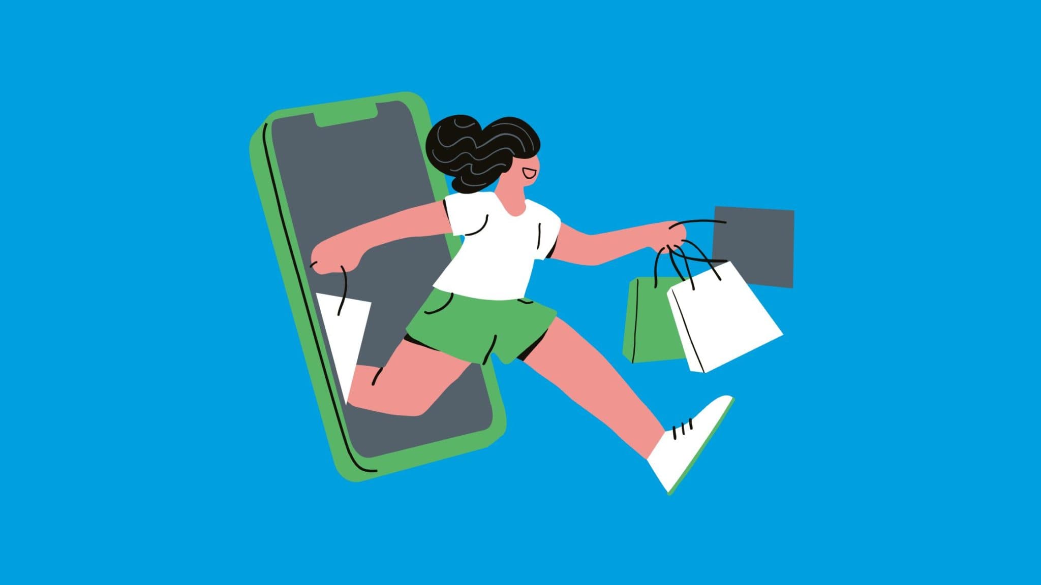 On a blue background, digital art showcases a person running out of a phone with shopping bags in their hands. This is supposed to represent the audience for the fashion industry.