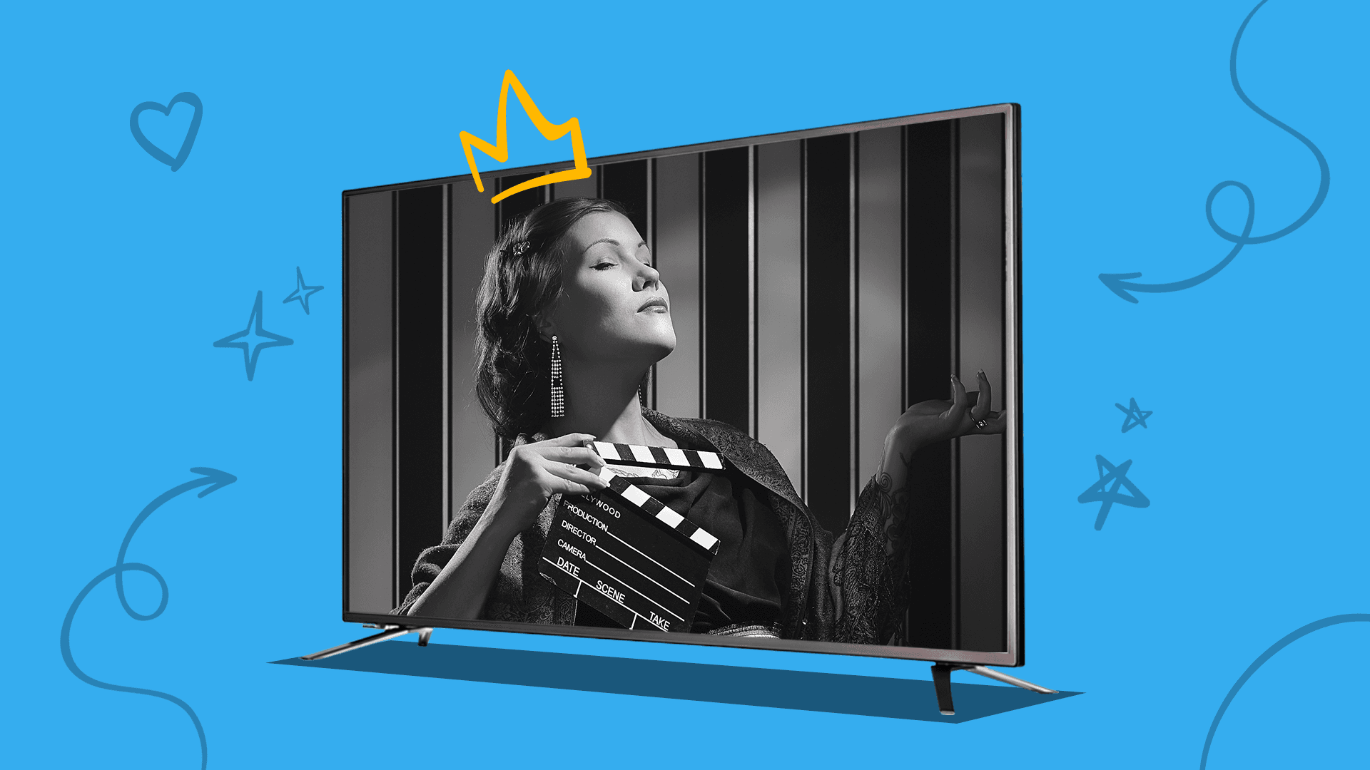 This image has a woman on a television screen with a crown on. The image represents women in film.